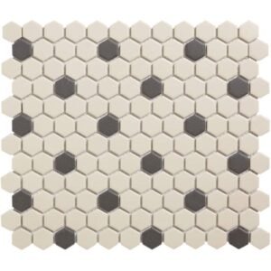 London Mozaiek Tegel Hexagon - Wit/Zwart Porselein Ongeglazuurd, 18 black dots 260x300 mm