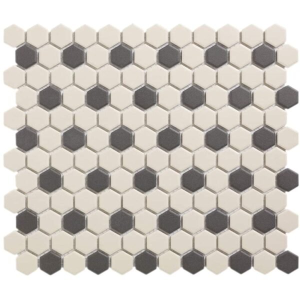 London Mozaiek Tegel Hexagon - Wit/Zwart Porselein Ongeglazuurd, 36 black dots 260x300 mm